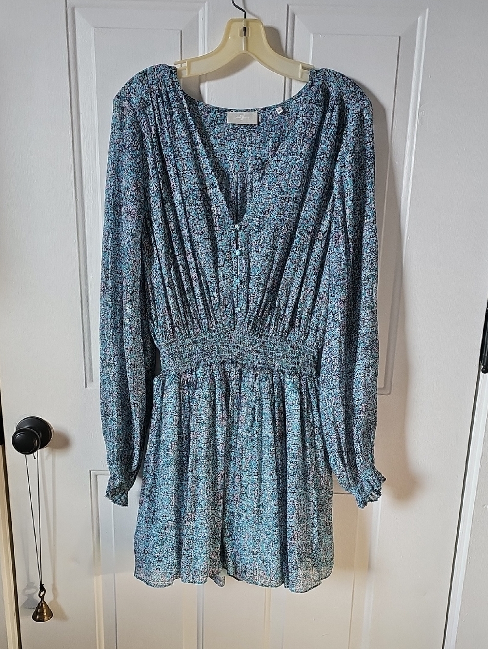 7 For All Mankind - Short Teal Floral Long Sleeve Midi Dress - Picture 6 of 8